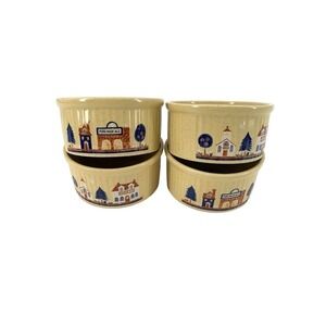 Vintage 80s Set of Four Ramekins Souffle Casserole Bowls Tan Country Village